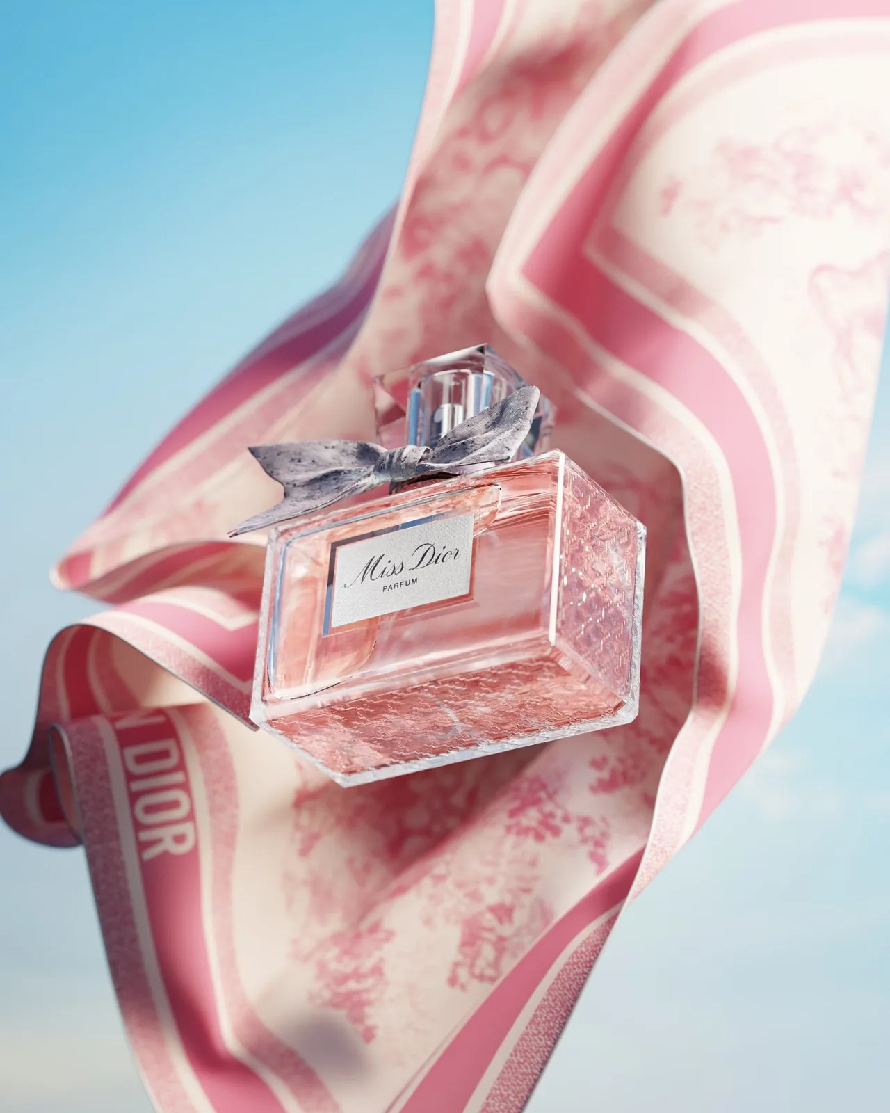 Dior — silk fabric floating against a blue sky, CGI campaign visual