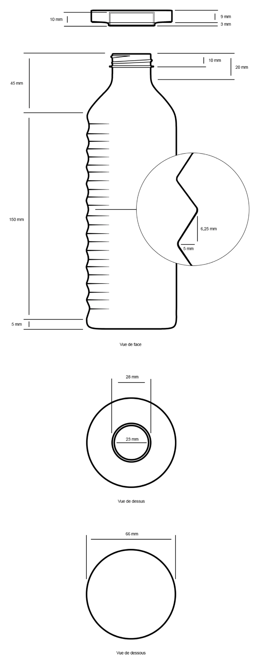Verallia Design Awards T Bottle — technical drawing, front/top/bottom views with dimensions